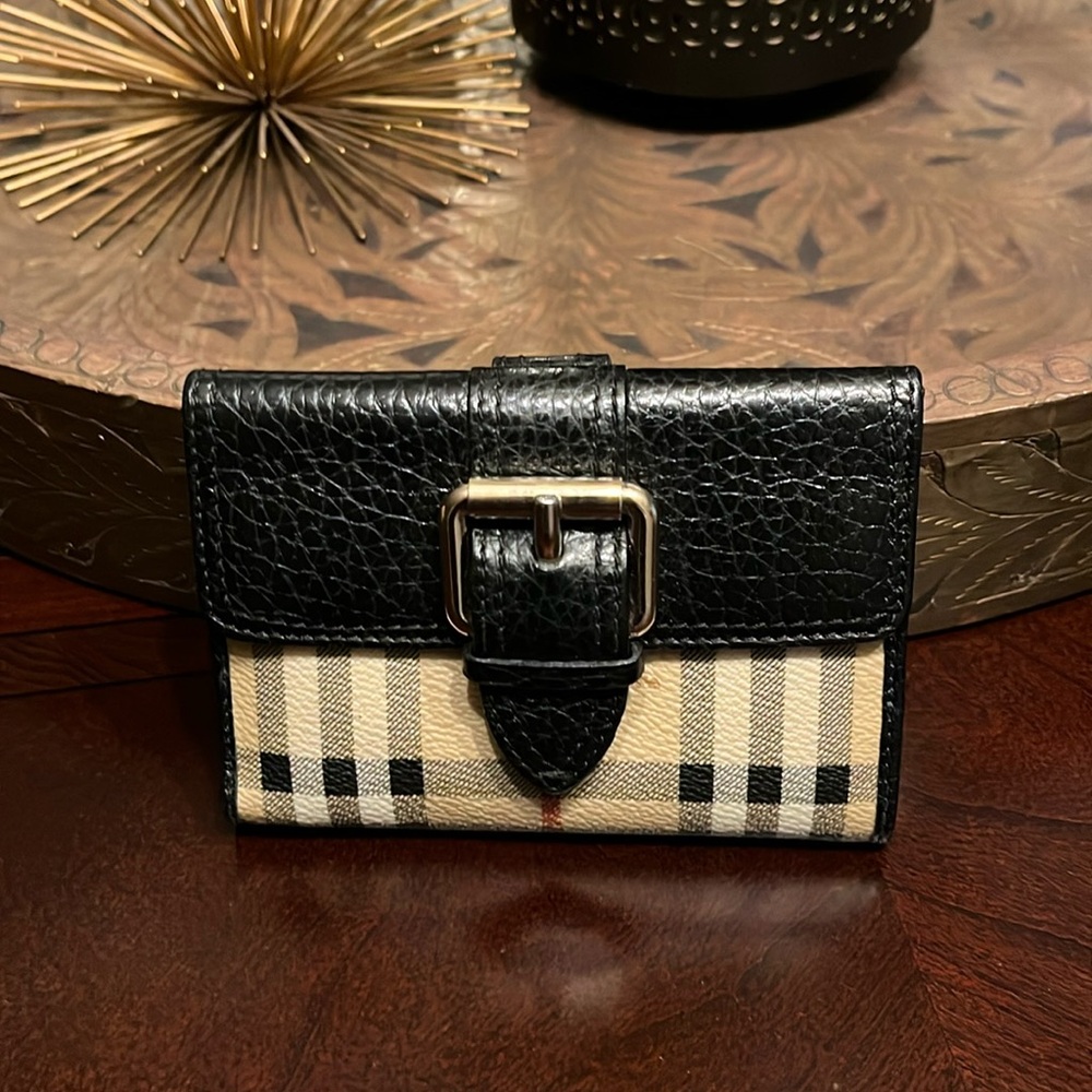 Burberry black leather trim canvas bifold wallet